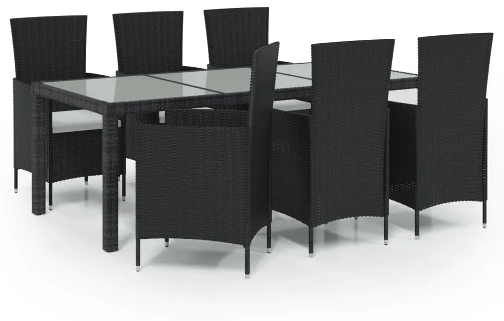 Set da Pranzo da Giardino 7 pz con Cuscini in Polyrattan Nero