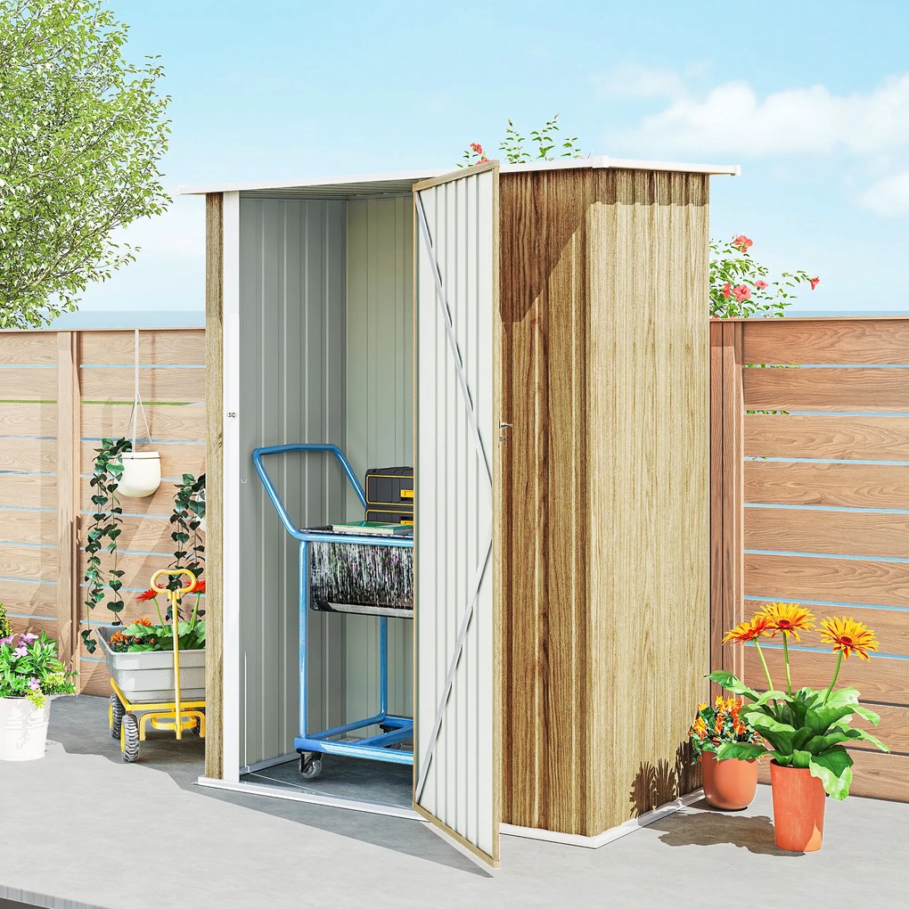 Capanno Porta Attrezzi 142x86x189 cm con Tetto Inclinato e Porta Bloccabile in Metallo color Legno...