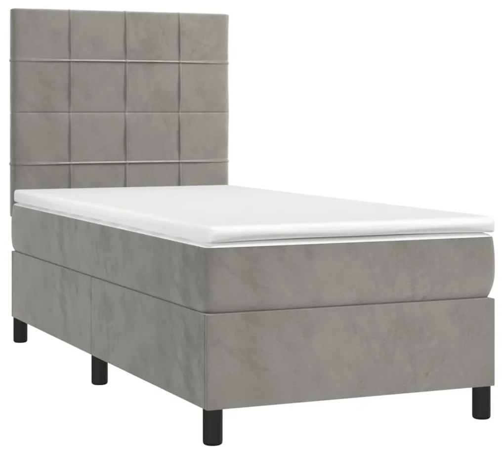 Letto a molle materasso e led grigio chiaro 80x200 cm velluto