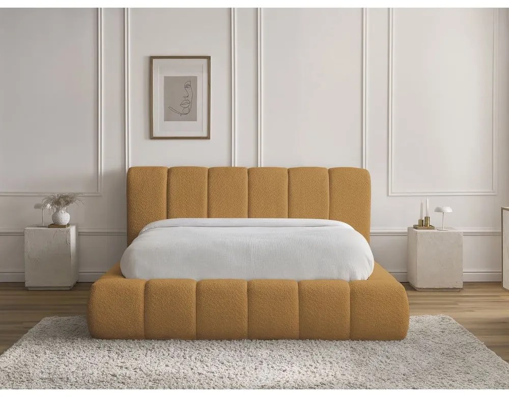 Letto matrimoniale imbottito color senape contenitore e rete inclusi 160x200 cm Denali - Bobochic Paris