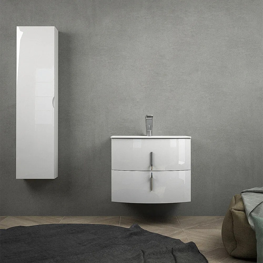 Mobile da bagno sospeso bianco lucido 70 cm con colonna da 140 cm