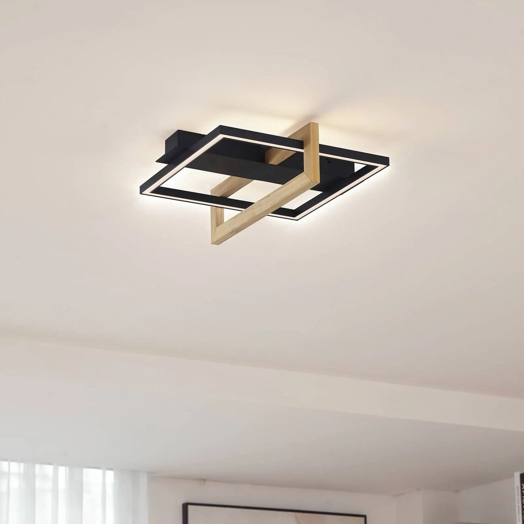 Plafoniera LED Lindby Holamu, 46 cm, nero, legno, metallo