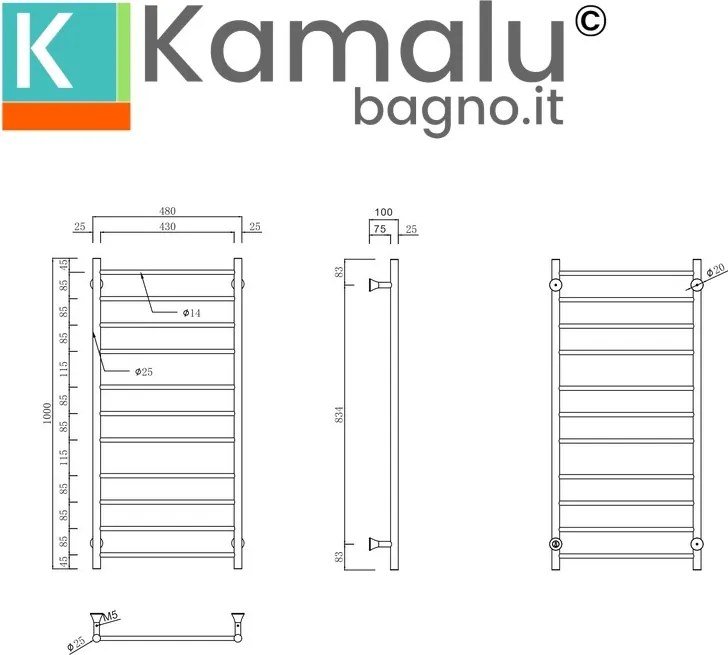 Termoarredo scaldasalviette elettrico colore gun metal | KAM-TR100GM - KAMALU