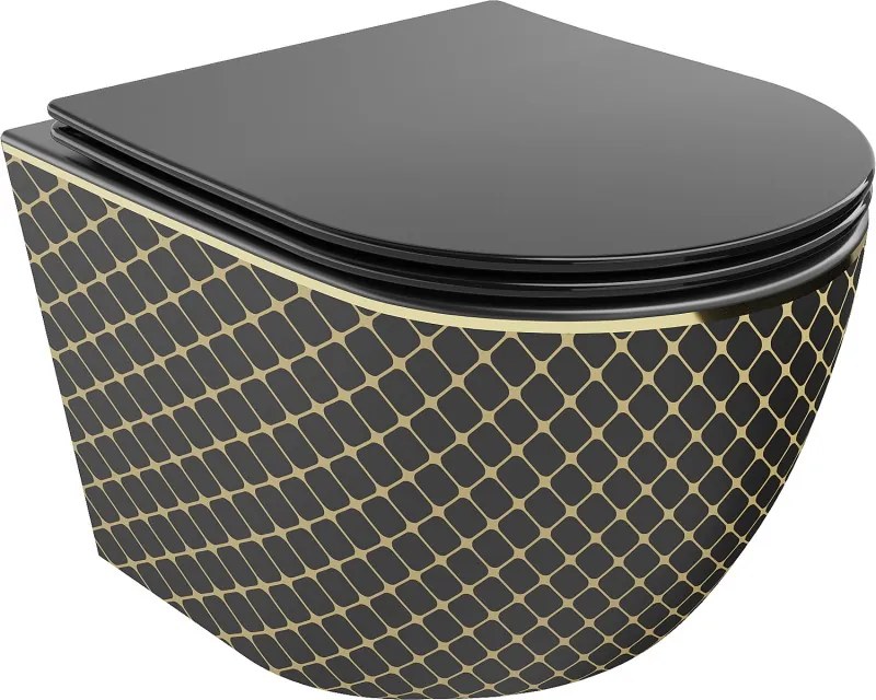 Mexen Lena vaso wc Rimless con sedile a chiusura rallentata slim, duroplast, nero opaco/oro motivo a griglia - 30224079