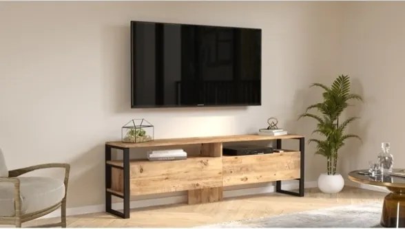 Mobile TV Industrial 180x36x56 Ferro E Legno Con Vani Mild