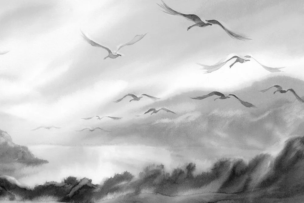 Quadro su tela – Volo di uccelli sopra il paesaggio in bianco e nero