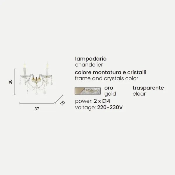 Applique OPERA 37 cm a 2 luci in vetro lavorato a mano Oro