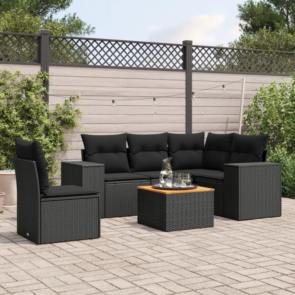 Set divano da giardino 6 pz con cuscini nero in polyrattan