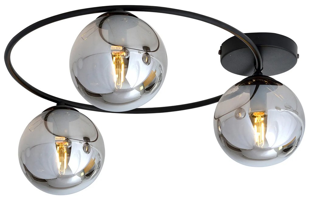 Plafoniera Minimal 3 Luci Perseo In Acciaio Nero E Sfere In Vetro Fumè
