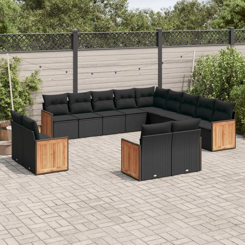 Set divani da giardino 13pz con cuscini nero in polyrattan