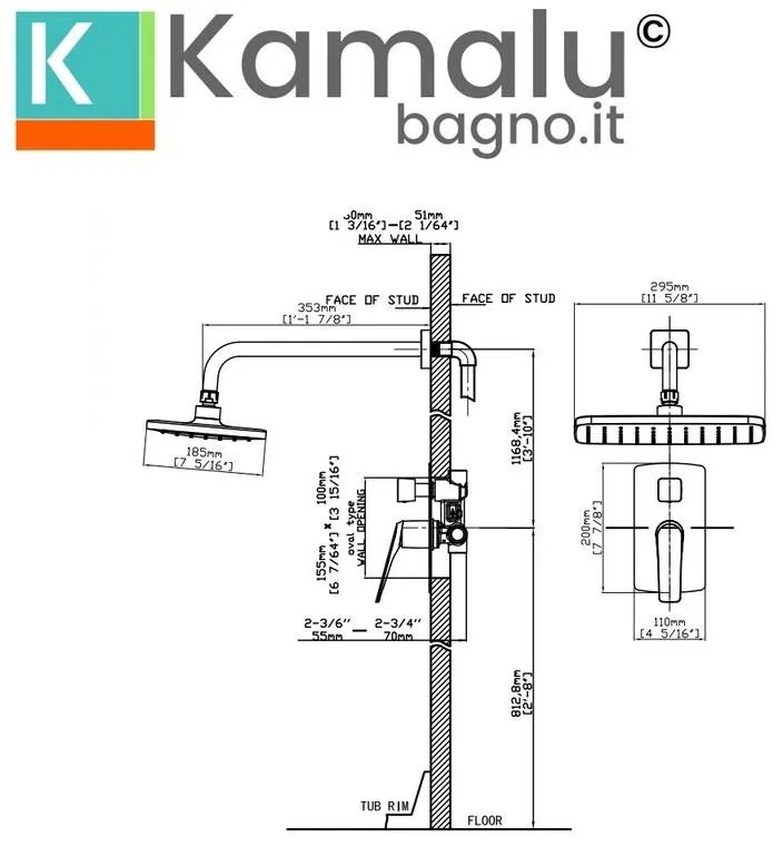 Kamalu - Set doccia a parete finitura gun metal soffione, doccetta, miscelatore con deviatore | KAM-L GUN METAL