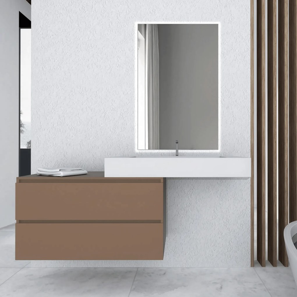 Mobile Bagno Sospeso Sfalsato 120 Cm Due Cassetti Specchio Retroilluminato 100x70 Cm Esseci Arredo Bagno "Otranto"