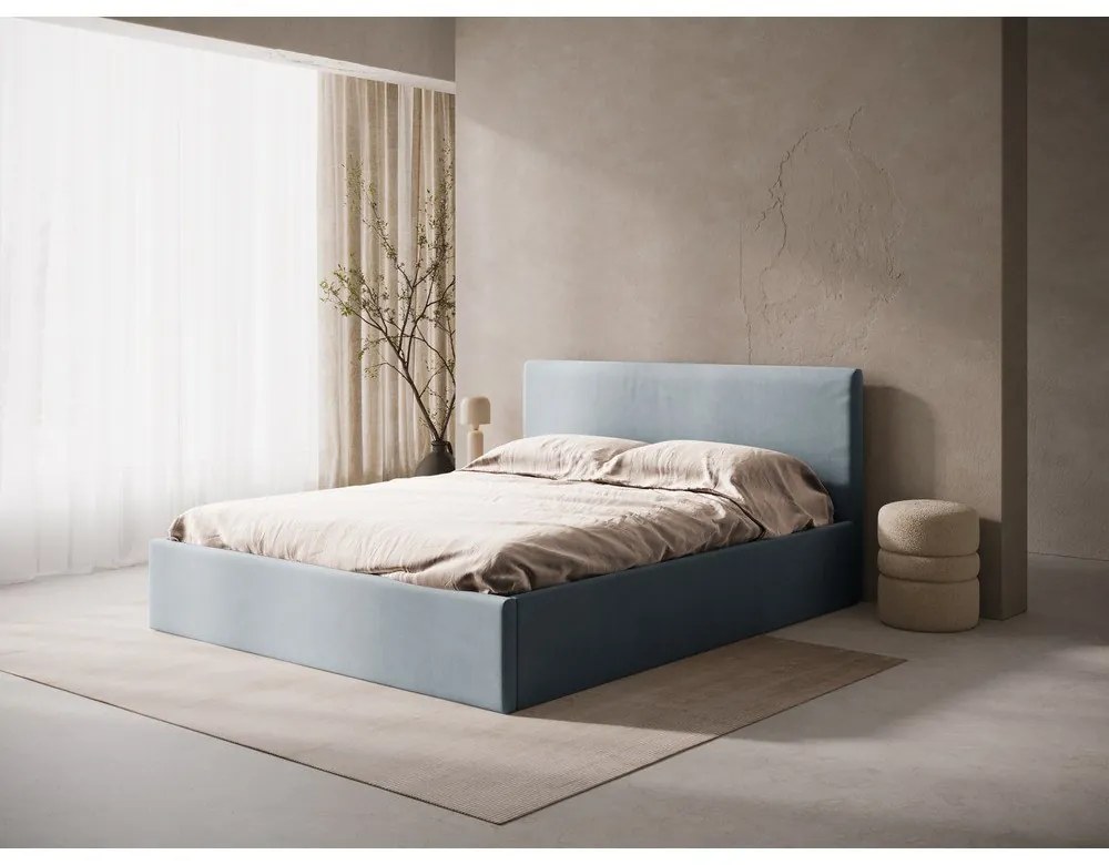 Letto matrimoniale imbottito azzurro con contenitore/senza testiera con rete inclusa 140x200 cm Susan – Micadoni