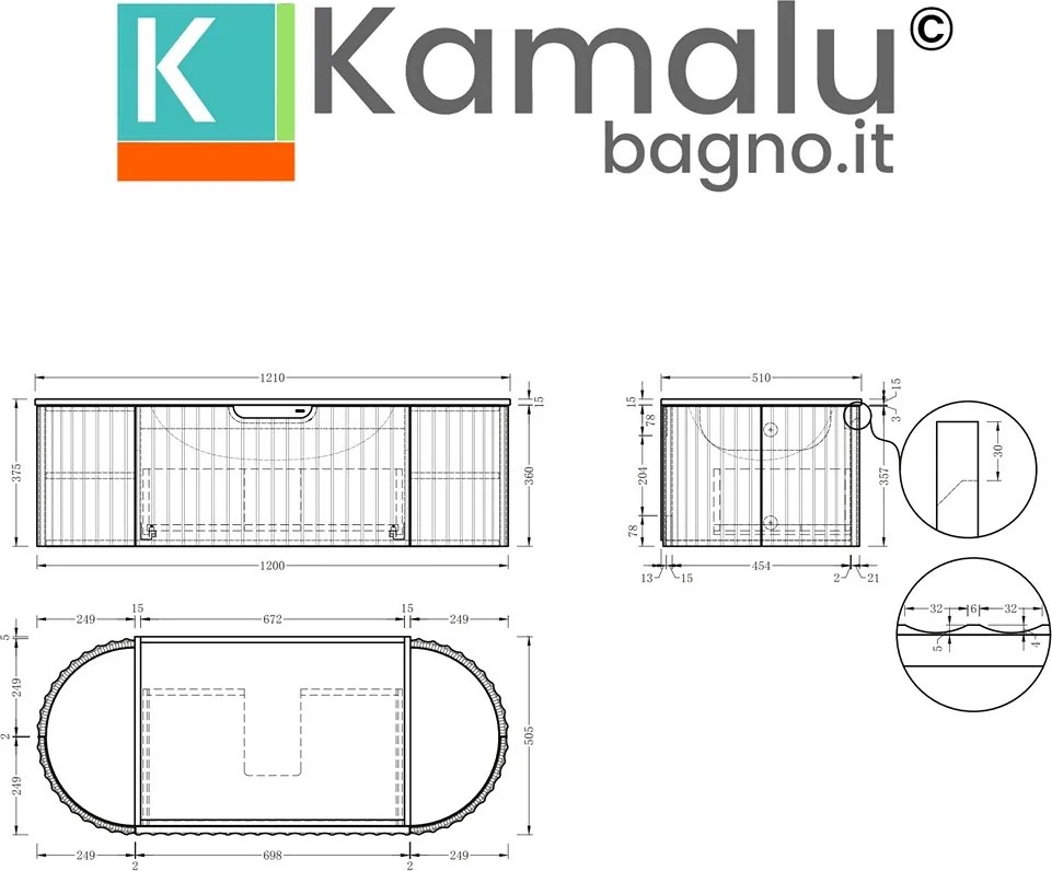 Mobile bagno curvo 120 cm cannettato con lavabo integrato | KAM-NORTH-P120 - KAMALU