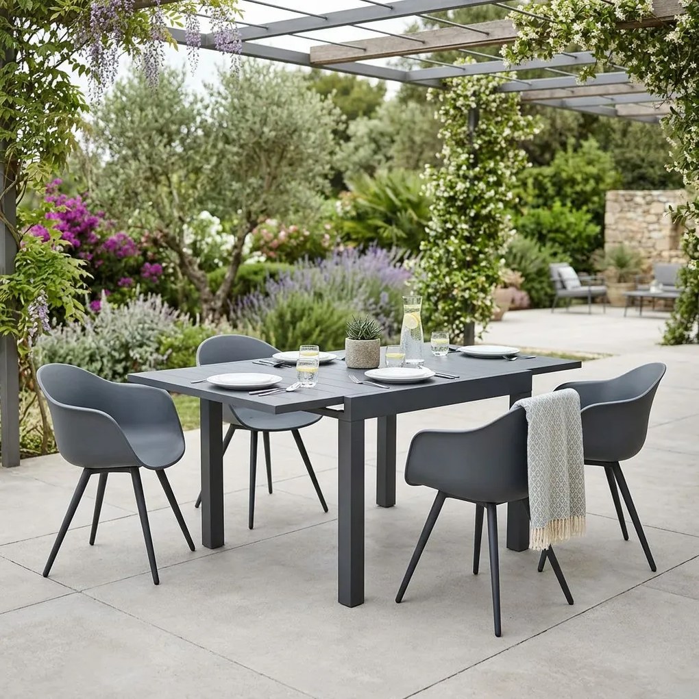 JERRI - set tavolo in alluminio cm 90/180 x 90 x 75 h con 4 Poltrone Dynamo