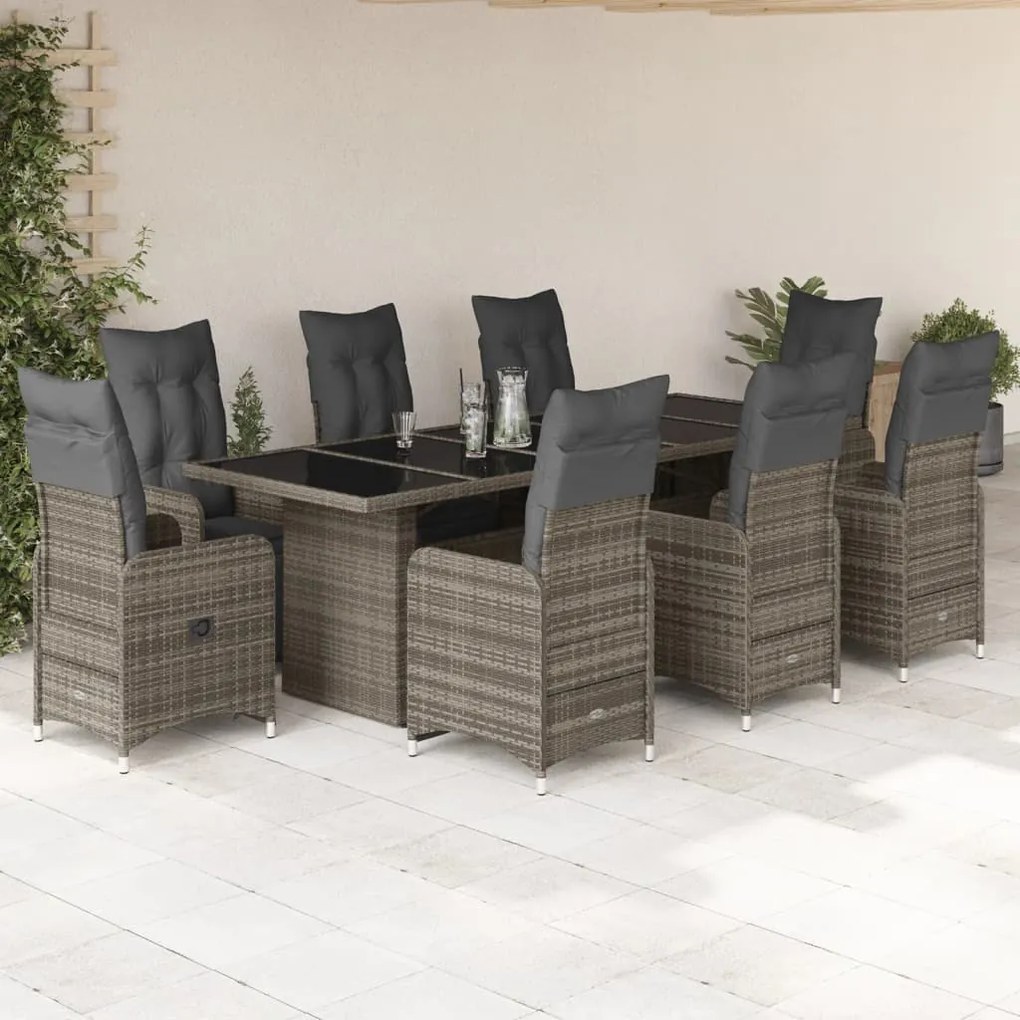 Set bistrò da giardino 9 pz con cuscini in polyrattan grigio