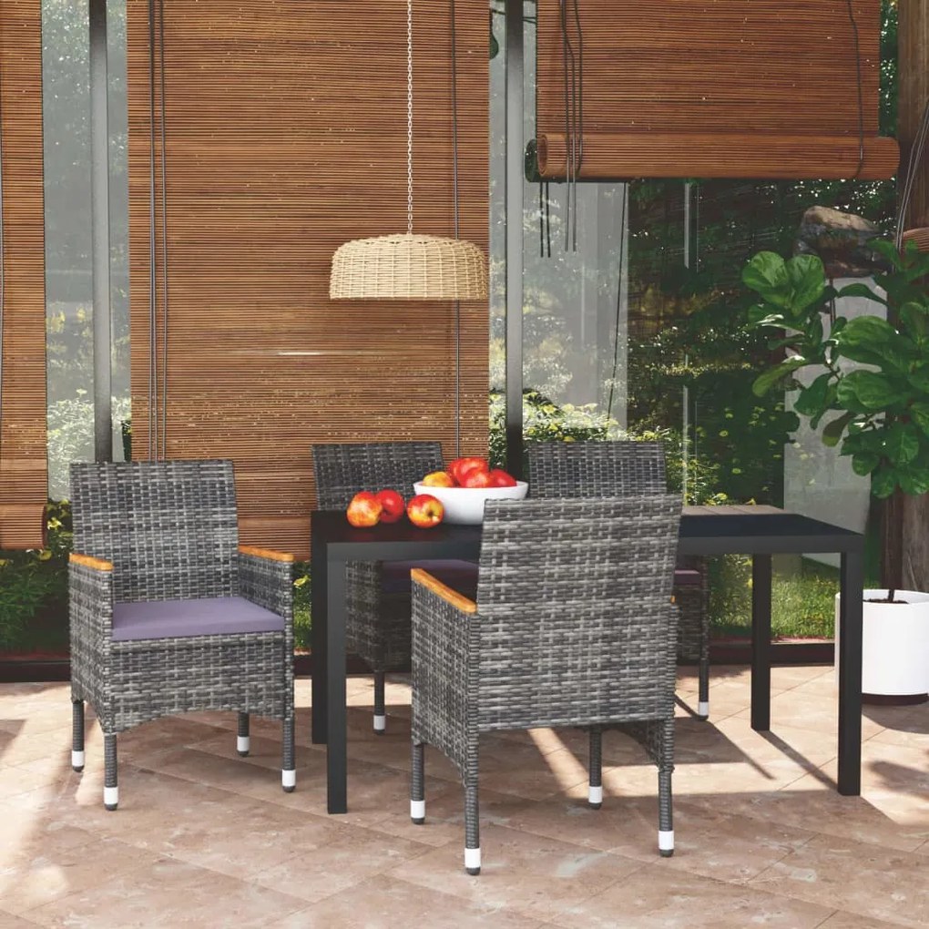 Set da pranzo per giardino 5 pz con cuscini polyrattan grigio