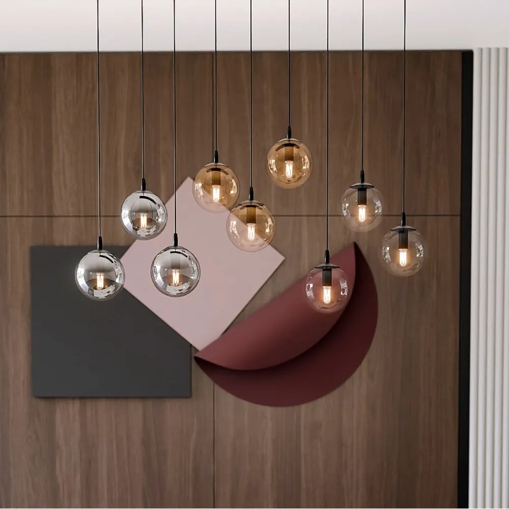 Lampadario a Sospensione in Acciaio e Vetro COSMO 9 Nero 9xE14 Colore delle Sfere Grafite, Trasparente, Ambrata