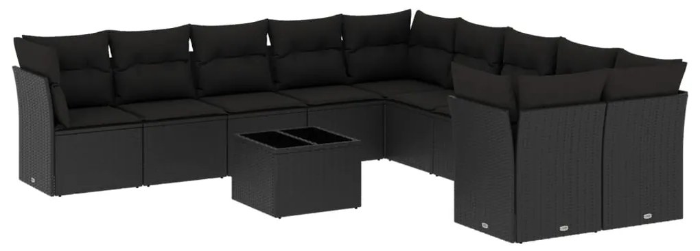 Set divani da giardino 11 pz con cuscini in polyrattan nero