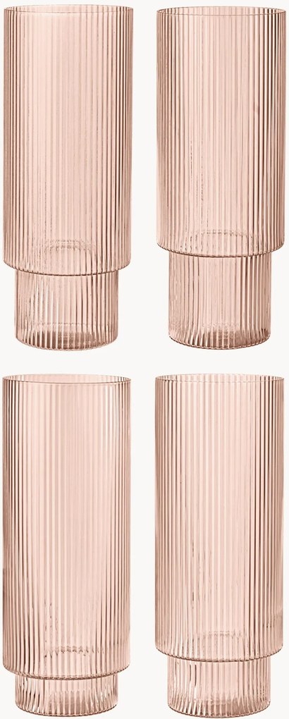 Set di 4 bicchieri da long drink in vetro soffiato con scanalatura in rilievo Ripple, 300 ml
