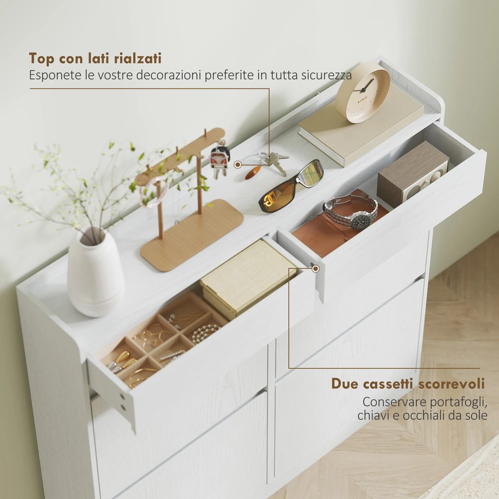 Scarpiera Slim 98x19,2x95,3 cm con 4 Ante a Ribalta e 2 Cassetti in Legno Bianco...