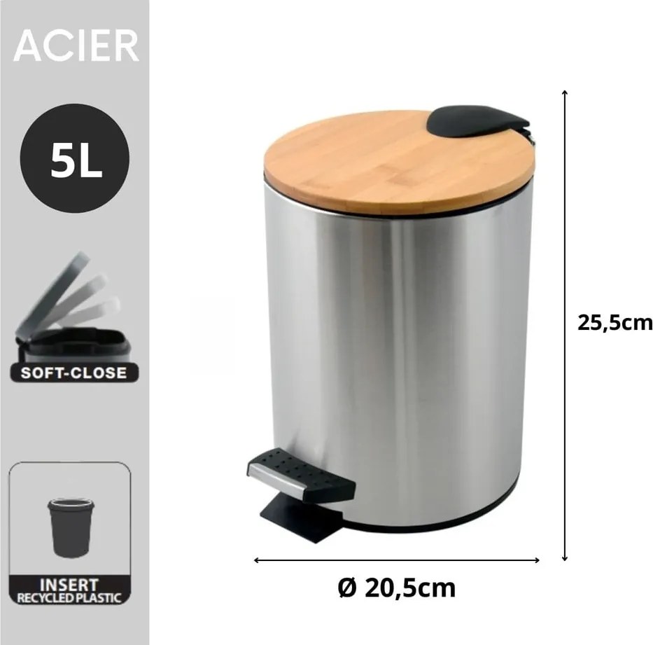 Cestino per la spazzatura color argento opaco in acciaio con pedale 5 l Adonis – Spirella