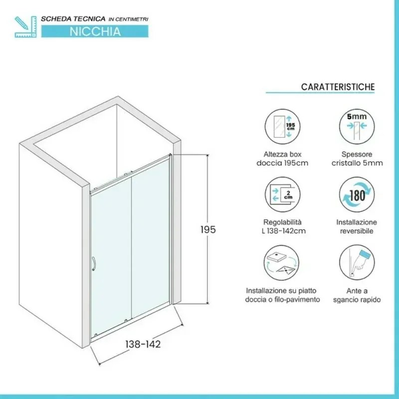 Porta doccia nicchia 140cm in vetro temperato trasparente scorrevole con profilo bianco Tay