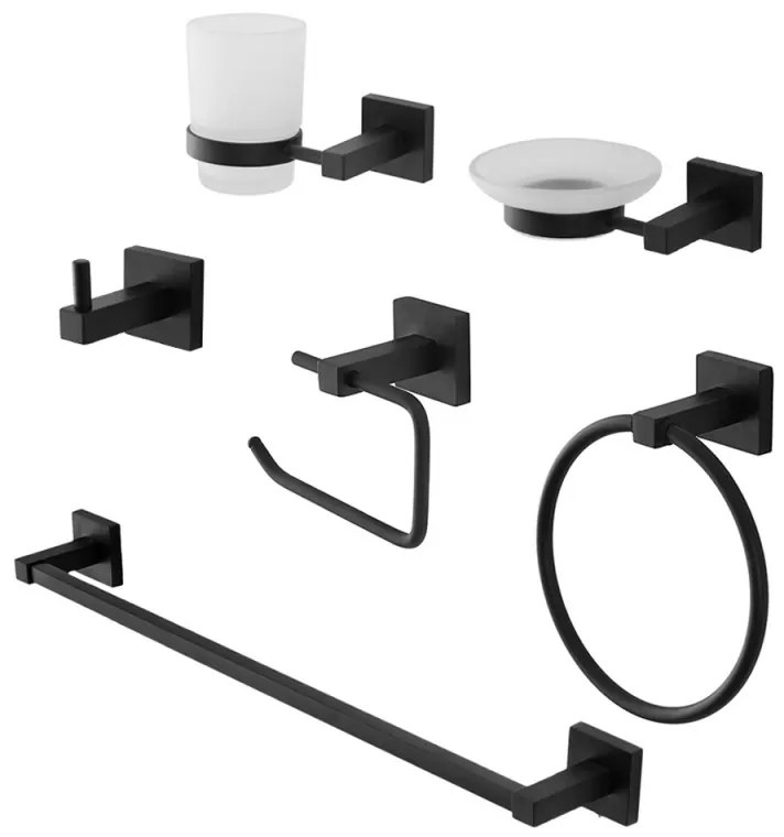 Set accessori a muro 6 pezzi in vetro e acciaio nero opaco e viti incluse   Levante