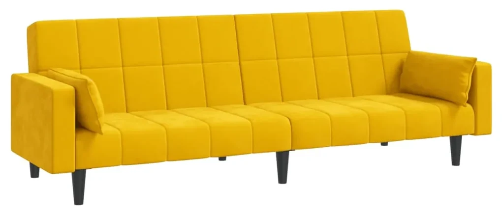 Divano letto a 2 posti con 2 cuscini giallo in velluto