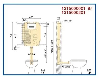 Cassetta di scarico ad incasso pulsante alto 9 lt Pucci SARA 1315000001 + placca