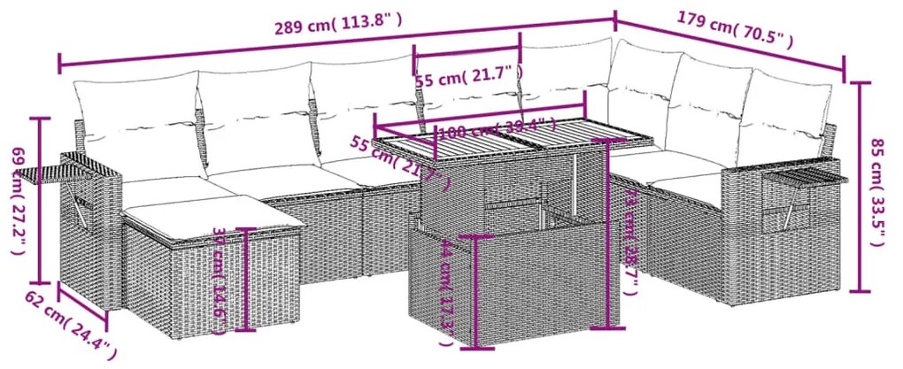 Set divani da giardino 9 pz con cuscini nero in polyrattan