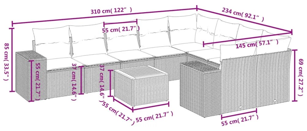 Set Divani da Giardino 10pz con Cuscini in Polyrattan Nero