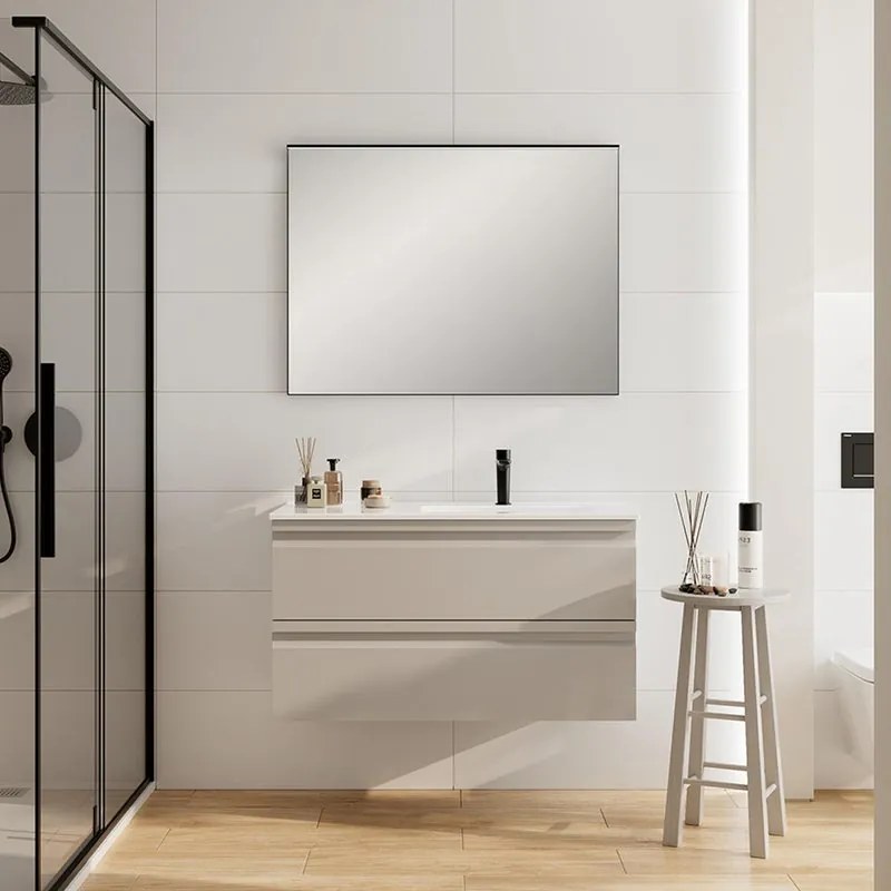 Mobile da bagno sospeso Pull taupe con lavabo in ceramica vasca DX base con 2 cassetti a chiusura ammortizzata (estrazione parziale), con presa maniglia L100 H55 P45 cm