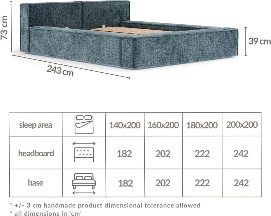 Letto matrimoniale imbottito blu polveroso con contenitore e rete inclusi 200x200 cm Voliera – Maison de Rêve