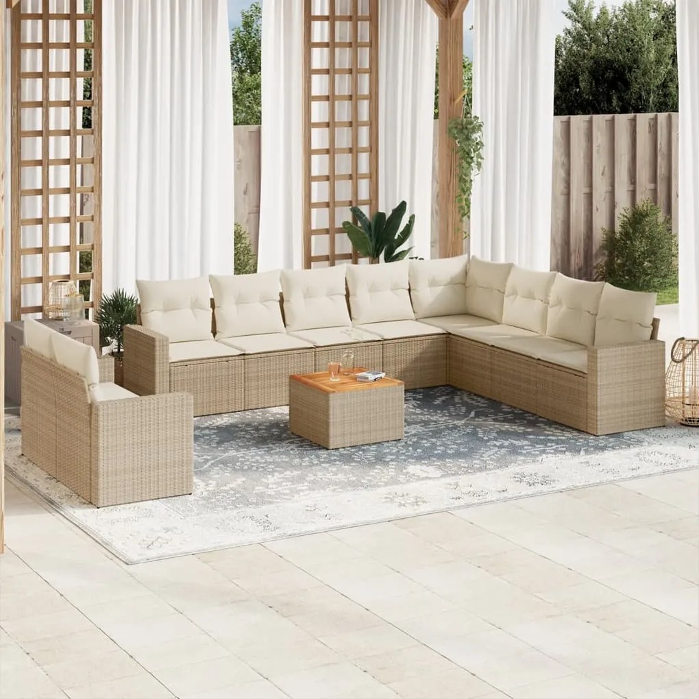 Set divani da giardino 11 pz con cuscini beige in polyrattan