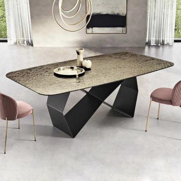 Tavolo fisso 210 cm KARL con base metallo Nero e piano vetro martellato Bronzo