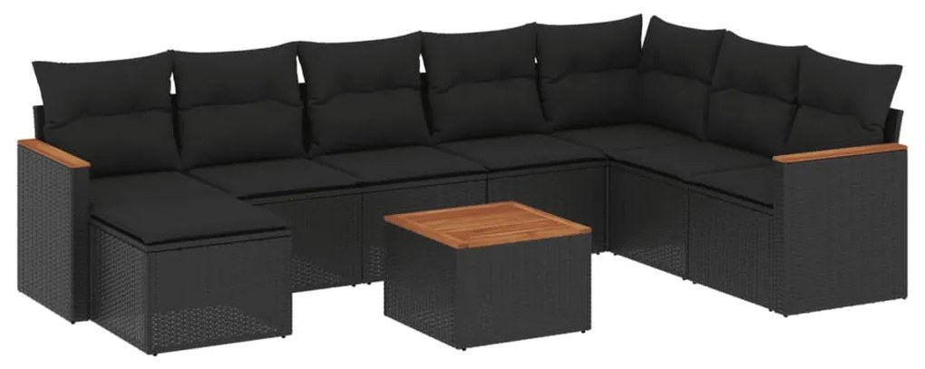 Set Divani da Giardino 9 pz con Cuscini Nero in Polyrattan