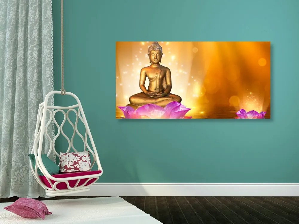 Quadro su tela – Statua di Buddha su fiore di loto