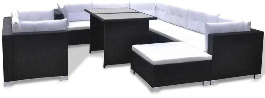 Set divani da giardino 10 pz con cuscini in polyrattan nero