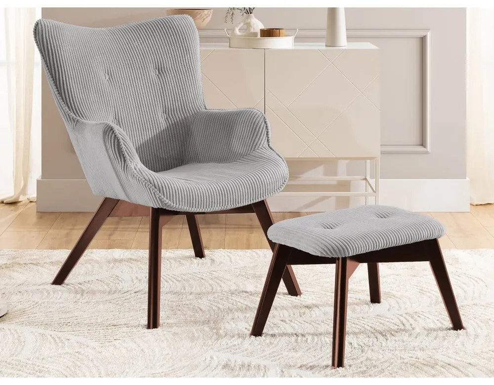 Poltrona con poggiapiedi grigia con rivestimento in velluto a coste Niko – Ropez