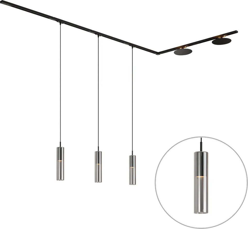 Sistema di illuminazione a binario moderno nero con 3 luci a sospensione e 2 plafoniere monofase - Iconic Lloyd Pulley