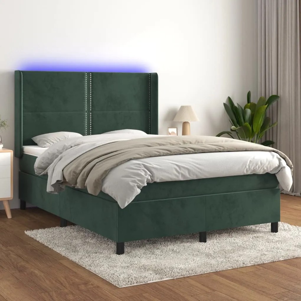 Letto a molle con materasso e led verde scuro 140x190cm velluto