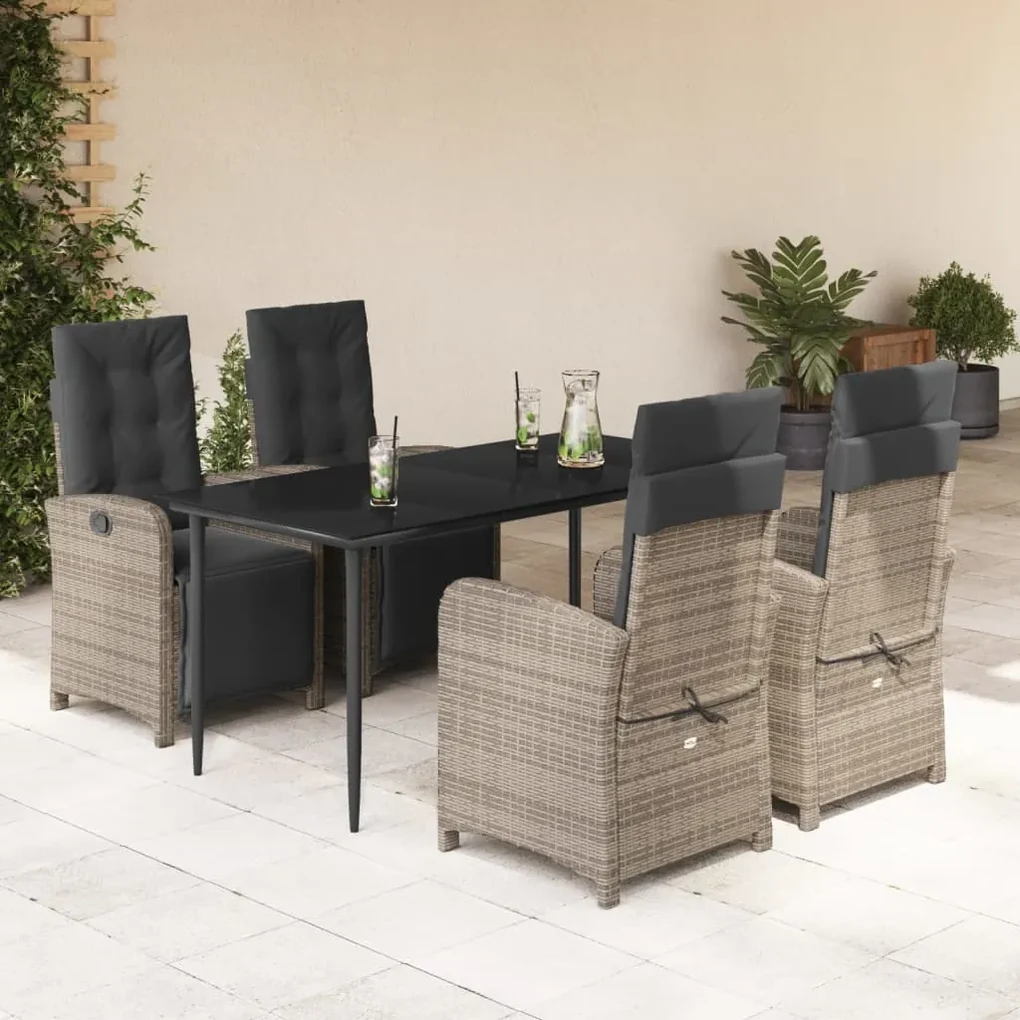 Set da pranzo da giardino 5 pz con cuscini in polyrattan grigio