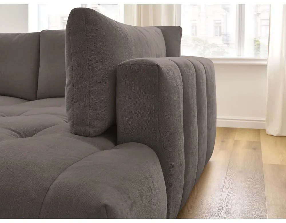 Divano angolare grigio tortora allungabile e con contenitore (penisola a destra/a L) con rivestimento in ciniglia Fuji – Bobochic Paris