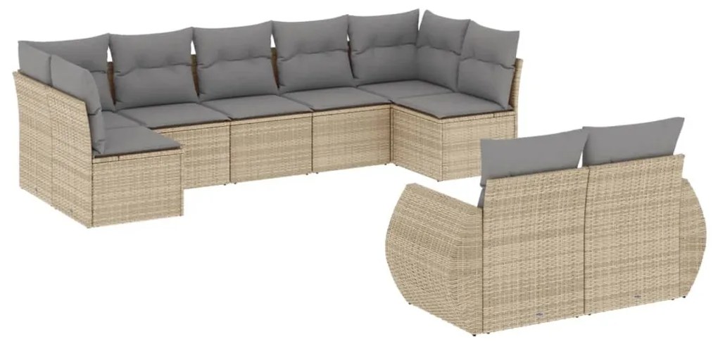 Set divano da giardino 9 pz con cuscini beige in polyrattan