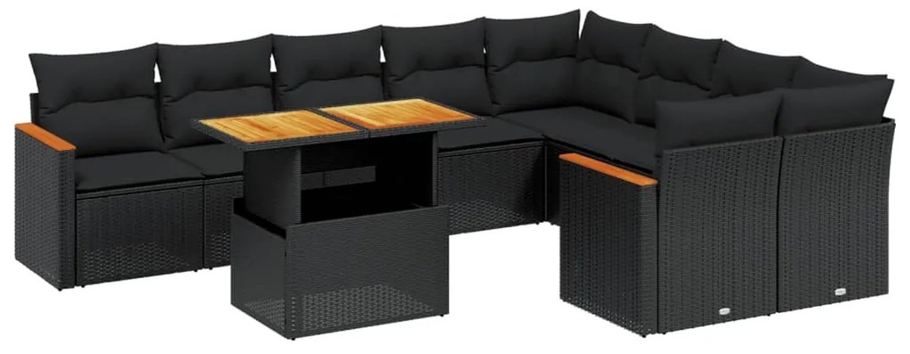 Set divani da giardino 10pz con cuscini in polyrattan nero