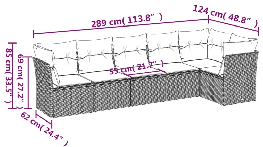 Set divano da giardino 6 pz con cuscini grigio in polyrattan