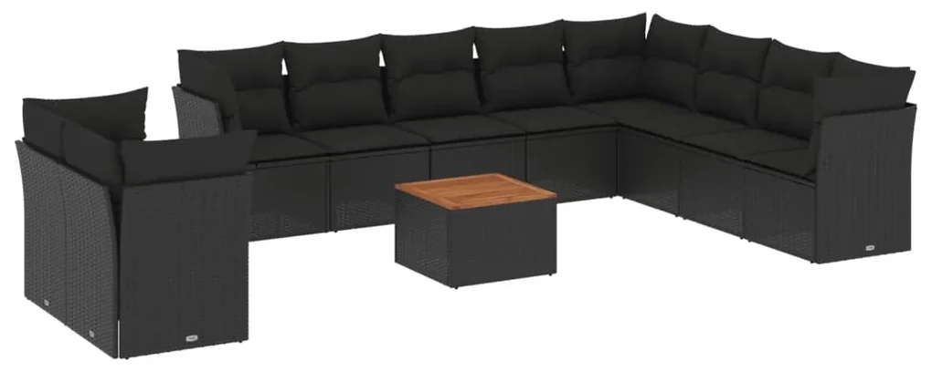 Set divani da giardino 11 pz con cuscini in polyrattan nero