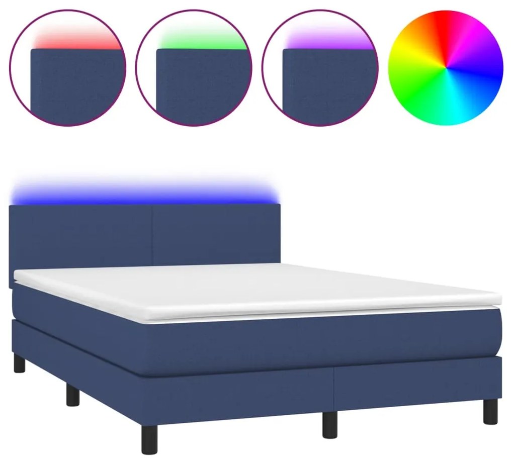 Letto a molle con materasso e led blu 140x200 cm in tessuto