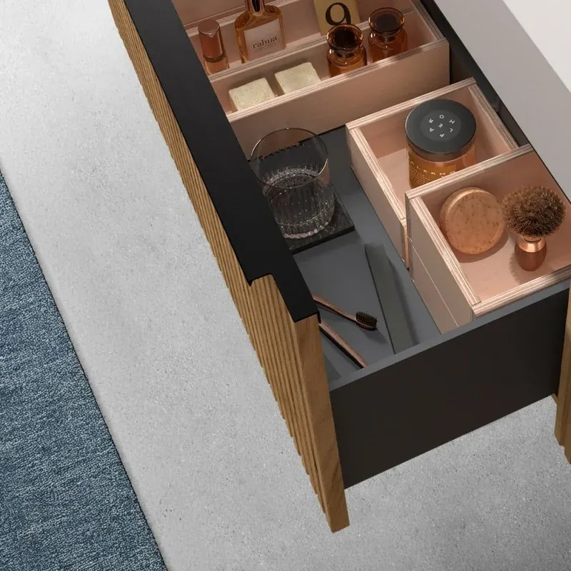 Mobile bagno sospeso 80 cm Rovere Africa cannettato con cassetto, specchio e lavabo Nara